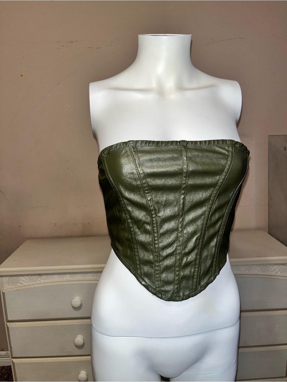 SHEIN Olive Green Faux Leather Strapless Bustier